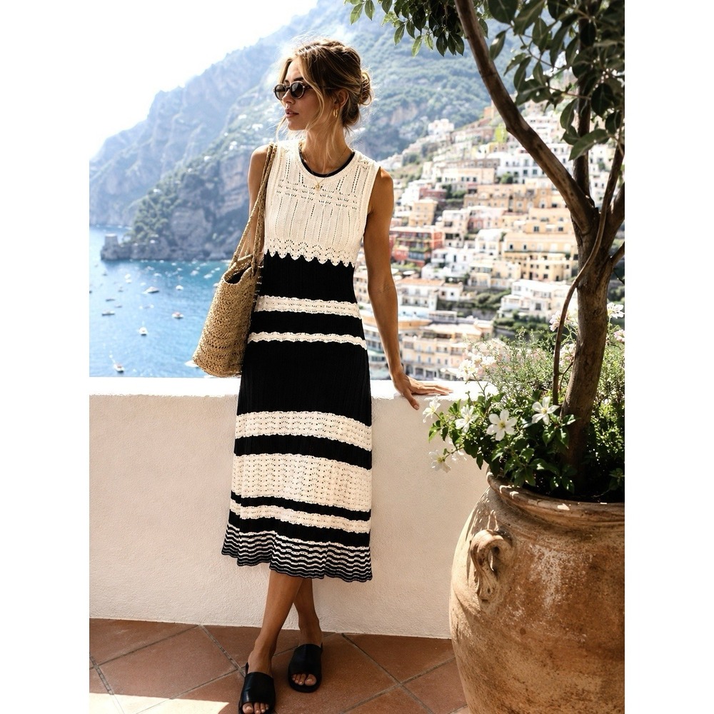 VANESSA BRUNO Aimee Knit Crochet Midi Dress Sleeveless‎ Ecru Noir Black White XS
